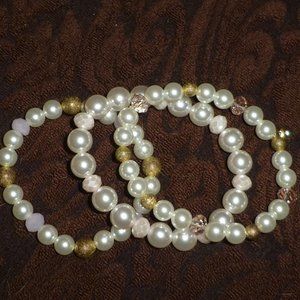 Set of 3 Faux Pearl Classic Stretch Bracelets, Gold & Pink Spacer Beads, New